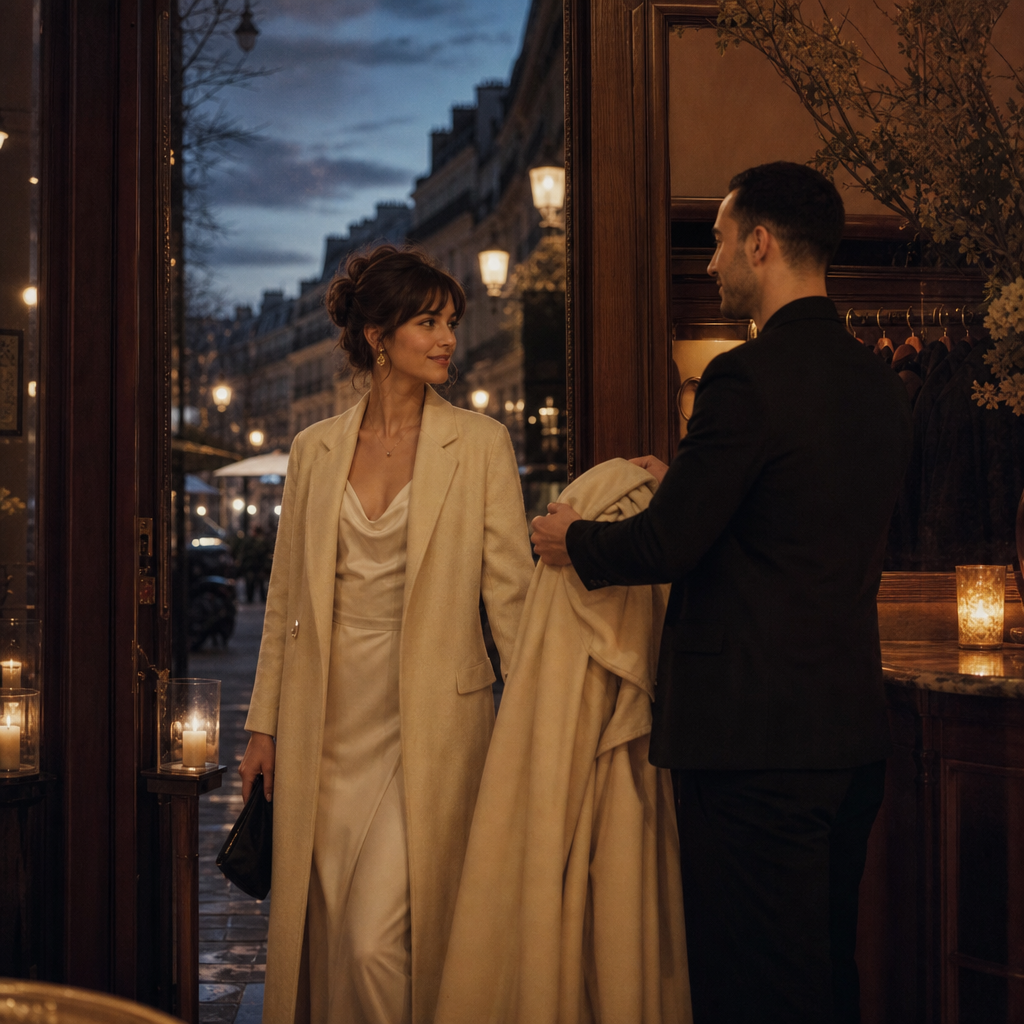 A guest arriving at an elegant Parisian restaurant while the host takes their coat