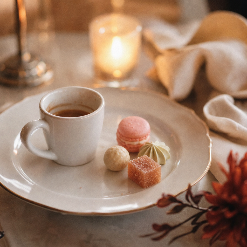 An espresso cup with small sweets on a porcelain plate at the end of a formal dinner