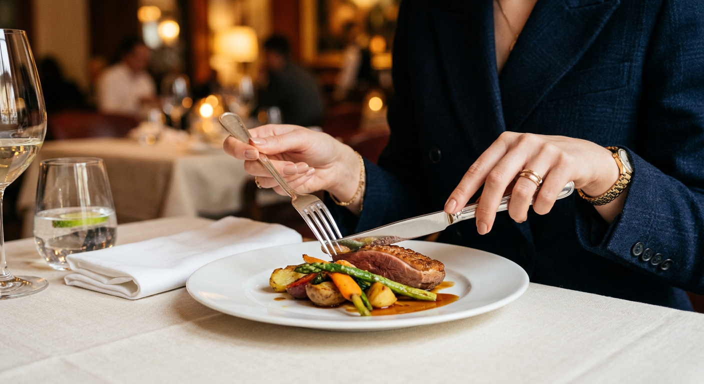 An overhead view of a formal place setting with three forks, two knives and a folded napkin, showing proper cutlery placement