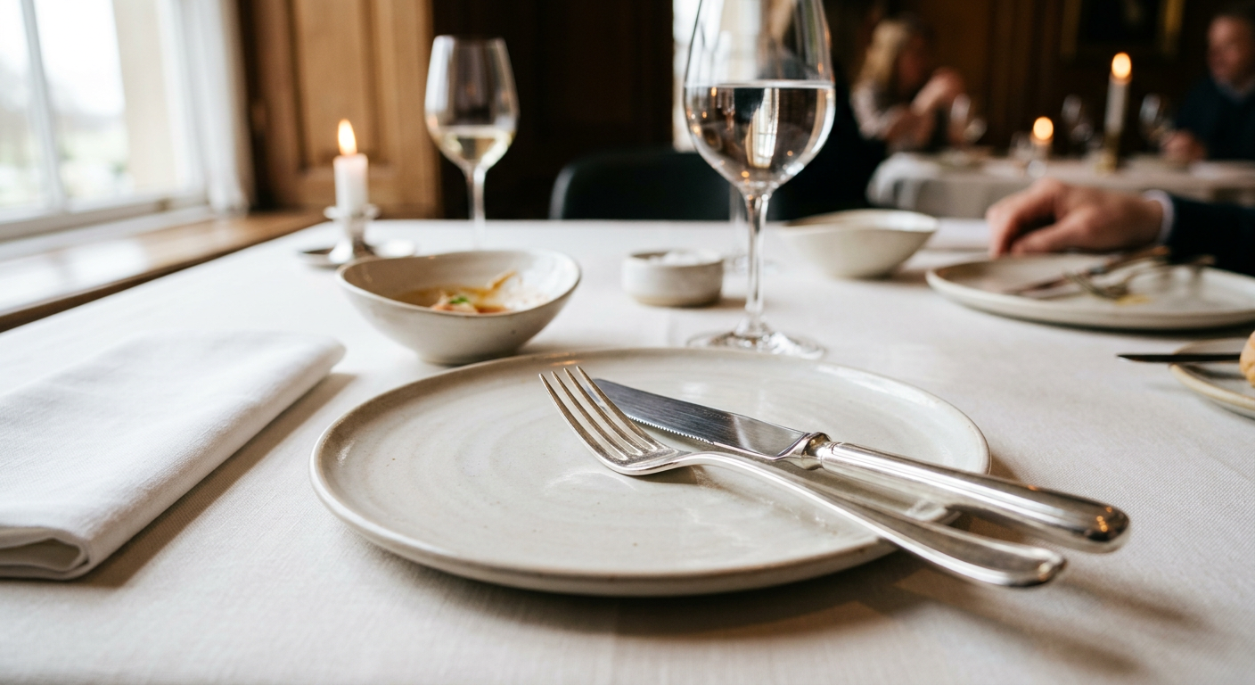 A knife and fork placed together in the correct resting position on a plate between courses