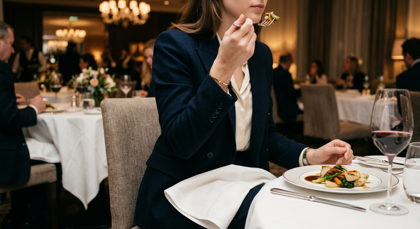 A woman in a navy blazer cutting food with a fork and knife at a restaurant table