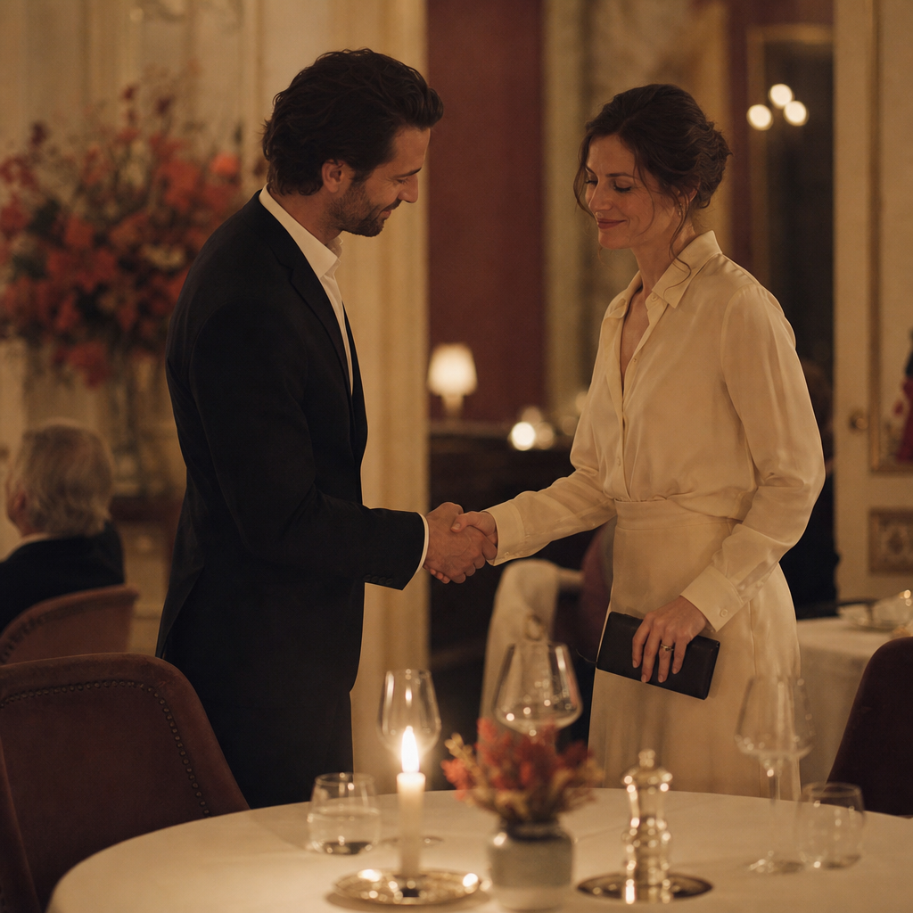 Two guests shaking hands beside a restaurant table at the end of the evening