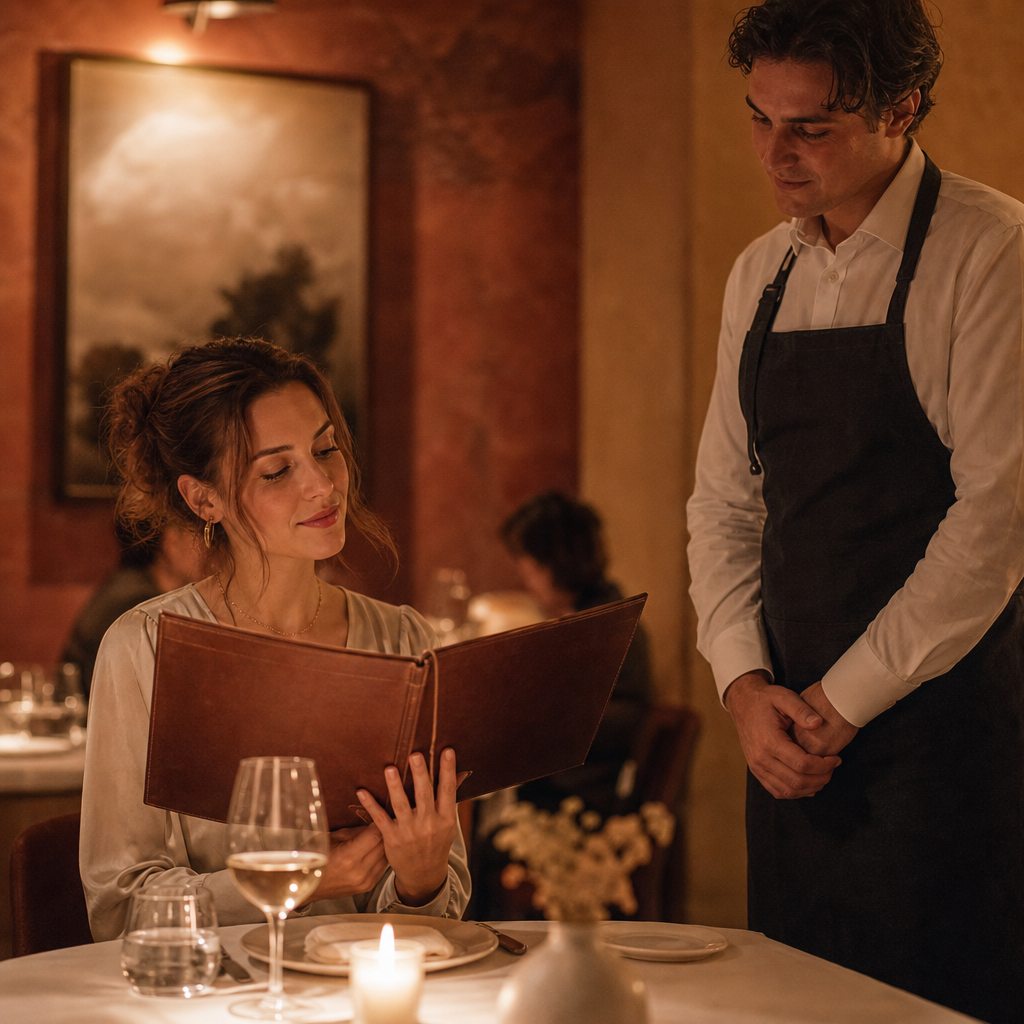A diner reading a menu while a waiter stands beside the table