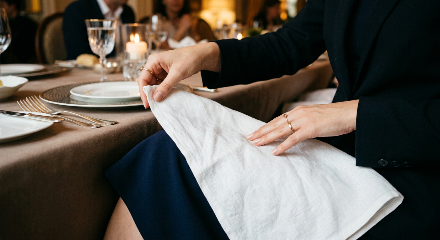 A woman placing a folded linen napkin on her lap at a formal dinner table