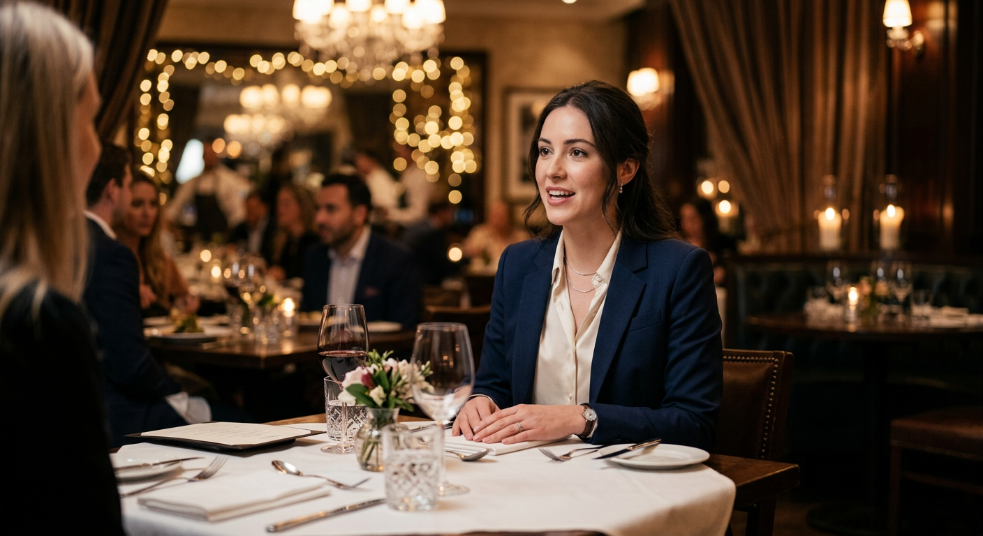 A woman sitting upright and confident at a formal restaurant table, mid-conversation