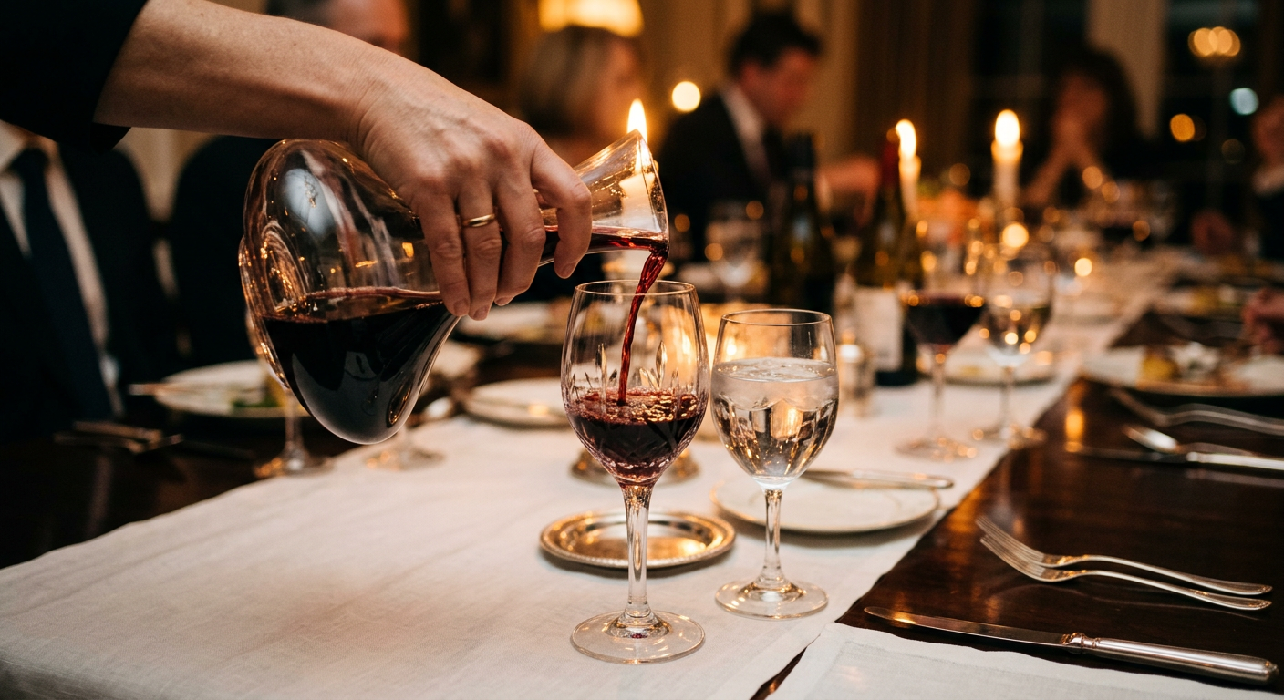 A hand pouring red wine from a decanter into a glass at a formal dinner table lit by candles