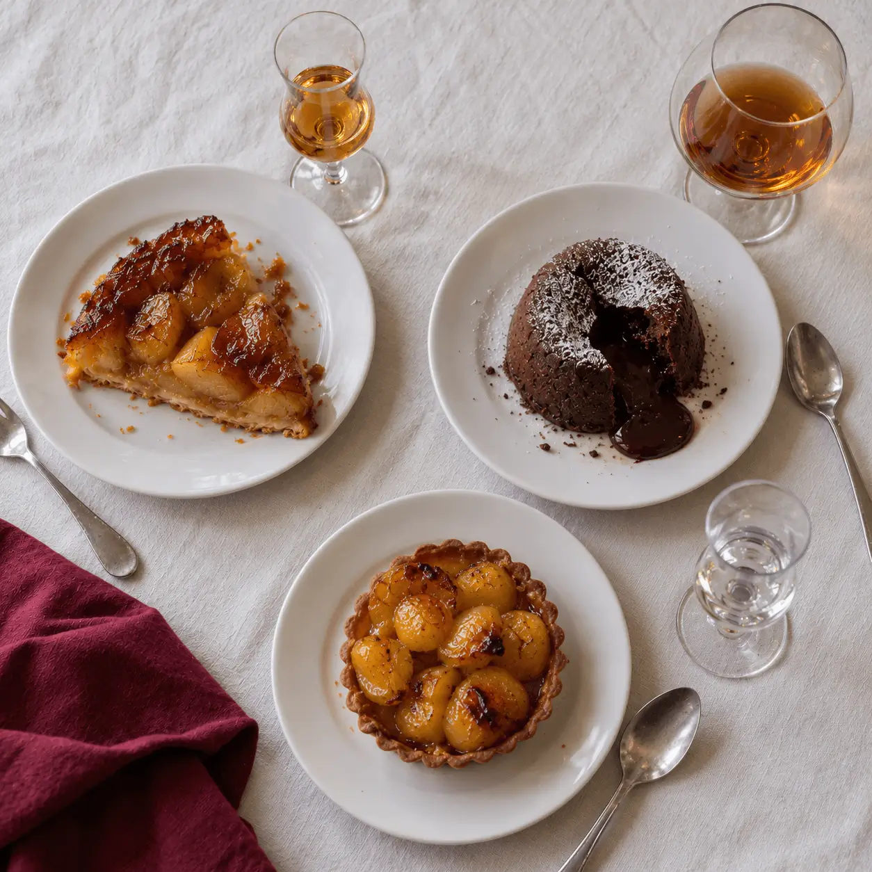 Caramelised apple tart, chocolate fondant and a yellow-fruit tart, with two glasses of amber drinks and a small clear glass.