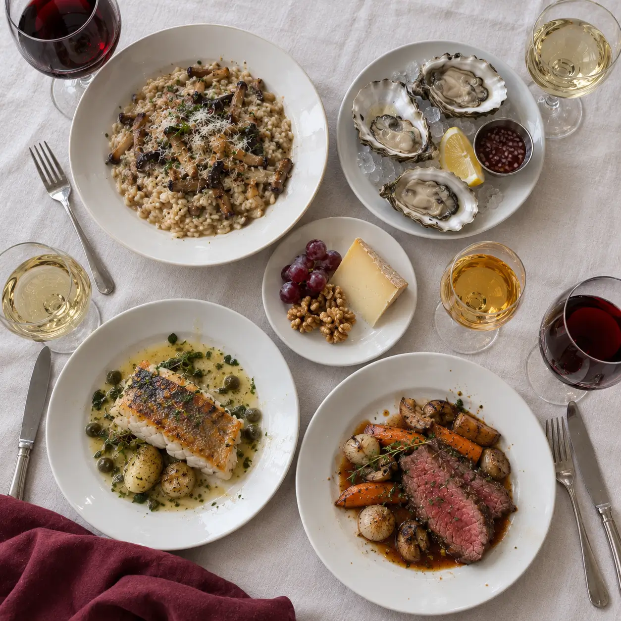 Mushroom risotto, oysters, fish in sauce, meat and cheese, surrounded by glasses of red, pale and amber drinks.