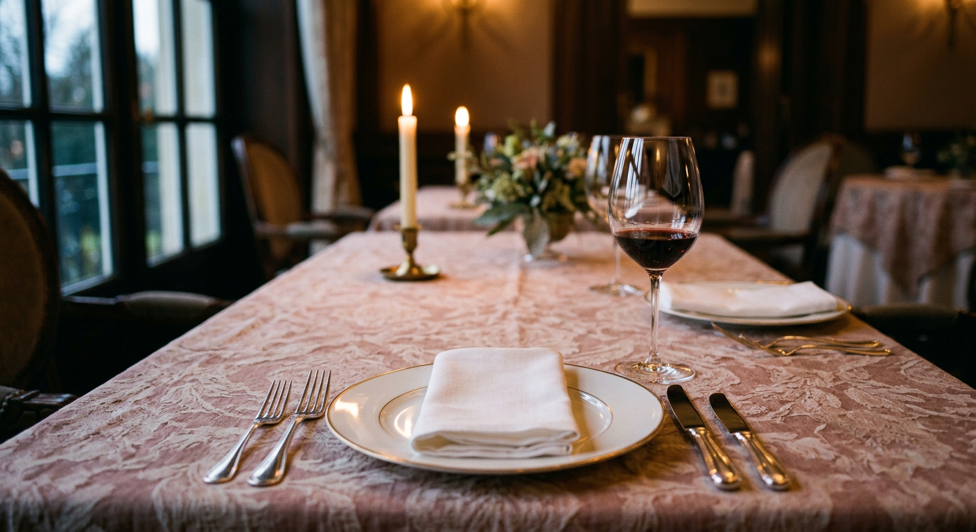 A candlelit table with damask linen, porcelain and cutlery, an illustrative dining scene